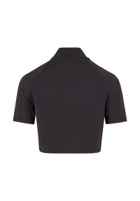 Svart avkortet polo skjorte med krage, korte raglan-ermer, og glatt tekstur. Minimalistisk design, ingen synlige mønstre eller detaljer.