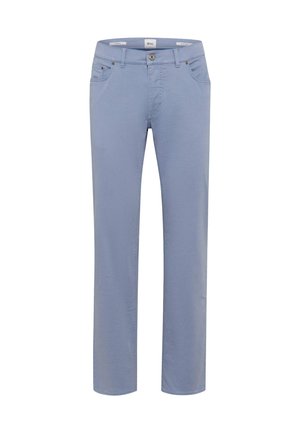 Lichtblauwe recht-zittende broek van een katoenmix, met knoopsluiting en vijf zakken, voorzien van subtiele stikseldetails.