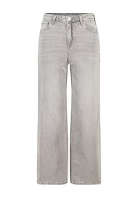 Jean large gris clair en denim, avec une taille haute, un design classique à cinq poches et une fermeture à bouton à l'avant.