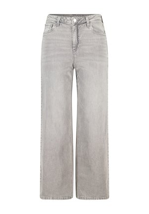 Lichtgrijze wijde jeans van denim, met hoge taille, klassiek vijf-pocket ontwerp en een knoopsluiting aan de voorkant.