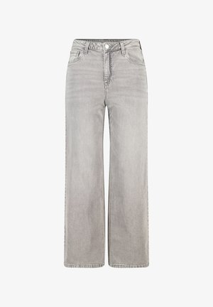 Lichtgrijze wijde jeans van denim, met hoge taille, klassiek vijf-pocket ontwerp en een knoopsluiting aan de voorkant.