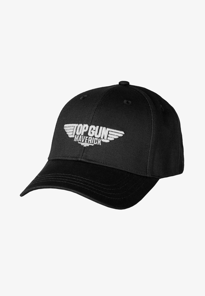 Black cap with a curved brim, featuring white embroidered "TOP GUN MAVERICK" text and wing logo on the front. Made from cotton fabric.