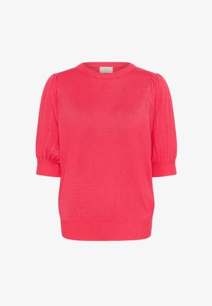 Pull en tricot rose vif avec un col rond, des manches courtes bouffantes et des poignets côtelés. Texture lisse et coupe décontractée.