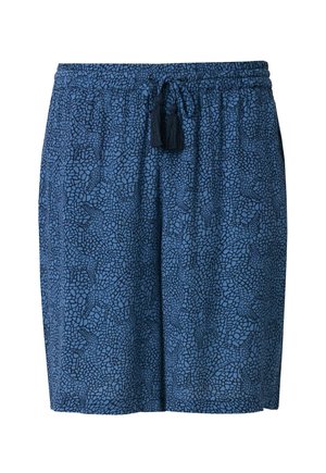 Niebieskie spodenki do kolan z czarnym abstrakcyjnym wzorem mozaiki i ściągaczem w talii z dwoma frędzlami.