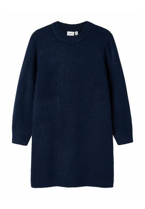 Navyblaues gestricktes Kleid mit langen Ärmeln und rundem Ausschnitt. Strukturierten Stoff mit einer lässigen Silhouette, das knapp über dem Knie endet.