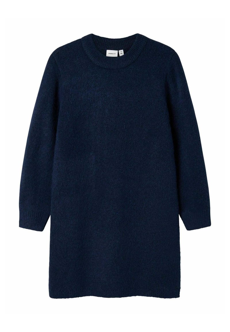 Navy blue pitkähihaisista neulemekkoa, jossa on pyöreä kaula-aukko. Teksturoitu kangas, rento siluetti, joka päättyy juuri polvien ylle.