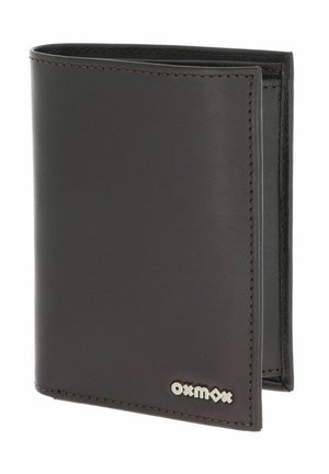 Portefeuille portefeuille en cuir marron foncé avec couture visible et petit logo argenté "oxmox" dans le coin inférieur avant.