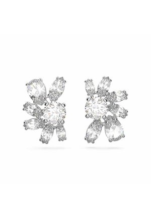 Pendientes brillantes con múltiples piedras preciosas transparentes, con una piedra redonda central rodeada de piedras en forma de marquesa y pera en un diseño floral.