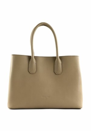Beiger Lederhandtasche mit zwei abgerundeten Griffen und dezenten Ziernähten, aufrecht stehend vor einem schlichten weißen Hintergrund.