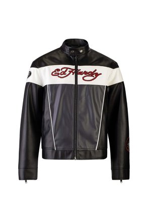 Black leather jacket with white and grey panels, featuring red embroidered logo on the chest and a round patch on the sleeve. Zippered closure.