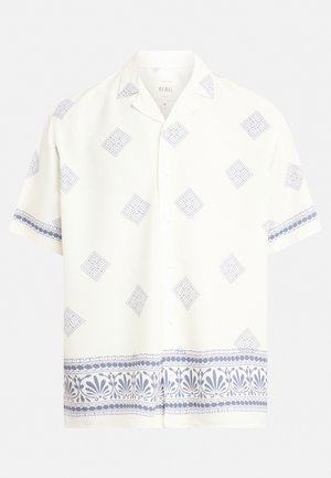 Short-sleeve white shirt with blue geometric patterns, featuring a button front and decorative blue trim along the bottom and sleeves.