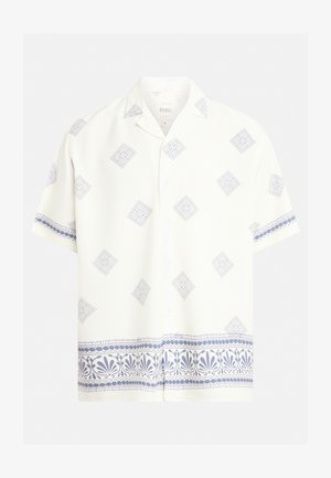 Short-sleeve white shirt with blue geometric patterns, featuring a button front and decorative blue trim along the bottom and sleeves.