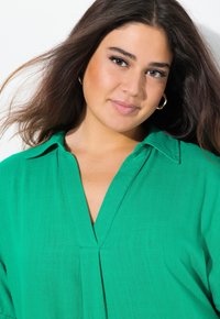 Giovane donna con lunghi capelli castani, che indossa orecchini a cerchio dorati e una blusa colletto verde brillante, che sorride dolcemente su uno sfondo bianco.