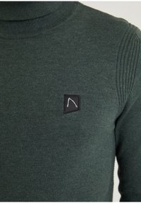 Dunkelgrüner, gestrickter Rollkragenpullover mit Rippendesign auf den Schultern und einem kleinen schwarzen Logopatch auf der Brust.