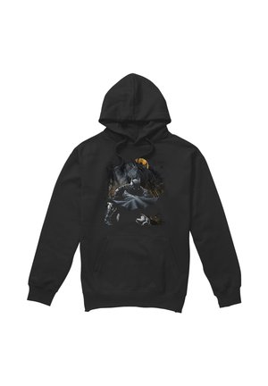 Schwarzer Hoodie mit einer Grafik von Batman in einer dunklen, schattenhaften Szene mit einem gelben Vollmond im Hintergrund.
