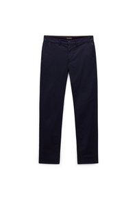 Pantalones chinos de algodón azul marino con un corte ajustado, que cuentan con bolsillos laterales, cierre frontal con botones y detalles sutiles de costuras a lo largo de la cintura.