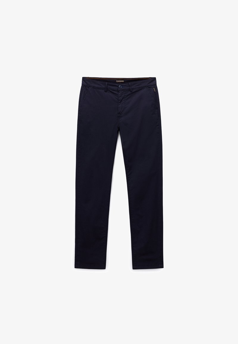 Pantalones chinos de algodón azul marino con un corte ajustado, que cuentan con bolsillos laterales, cierre frontal con botones y detalles sutiles de costuras a lo largo de la cintura.