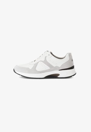 White and light gray sneaker featuring a suede and leather upper, lace-up closure, perforated details, and a contrasting dark sole.