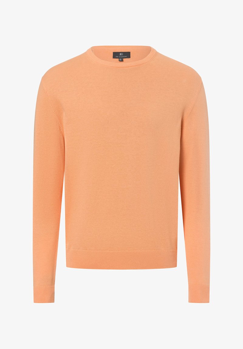Helle orange Sweatshirt mit Rundhalsausschnitt, aus weichem Material. Verfügt über lange Ärmel sowie gerippte Bündchen und Saum. Einfaches, unverziertes Design.