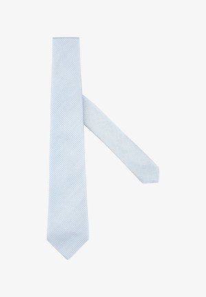 Cravate bleu clair avec un motif de diamant subtil, fabriquée en tissu lisse, avec une largeur standard et une pointe.