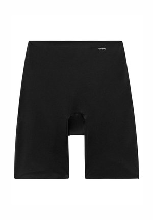 Zwarte high-waisted compressieshorts met een open onderkant. Gemaakt van een gladde, rekbare stof met minimale branding op de tailleband.