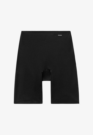 Black high-waisted compression shorts with an open bottom. Made from smooth, stretchy fabric featuring minimal branding at the waistband.