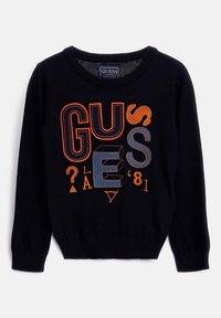 Laivastonsininen neulepusero, jossa monivärisiä kirjailtuja kirjaimia ja symboleja, pyöreä pääntie sekä resorit hihansuissa ja helmassa.