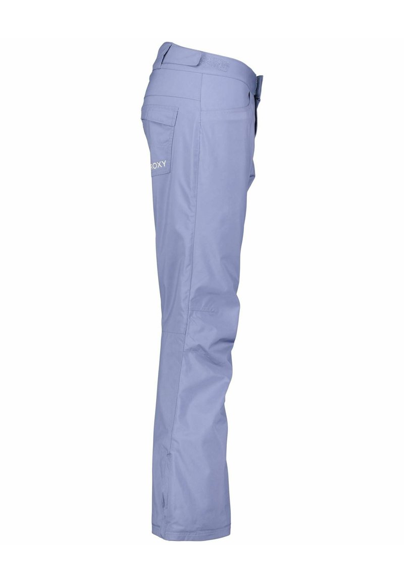 Pantalons de neige violet clair avec une coupe droite, comportant des poches latérales, des passants de ceinture et un logo sur la poche arrière. Tissu lisse et durable.