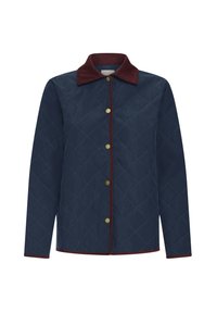 Quiltet navy jakke med en bordeaux kordfløjlskrave, gyldne trykknapper og diamantmønster. Har lange ærmer og en lige pasform.