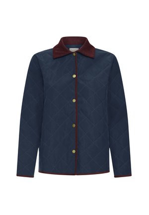 Veste matelassée bleu marine avec un col en velours côtelé bordeaux, des boutons-pression dorés et une texture à motif losange. Elle présente des manches longues et une coupe droite.