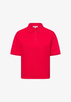 Rotes Poloshirt aus Baumwolle mit klassischem Kragen, Knopfleiste mit drei Knöpfen und kurzen Ärmeln. Glatte Textur mit einem lässigen Schnitt.