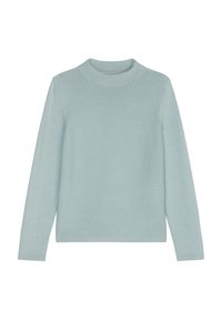 Hellblauer Pullover mit hohem Halsausschnitt, langen Ärmeln, strukturiertem Strickstoff und geradem Schnitt. Schlichter und minimalistischer Stil.