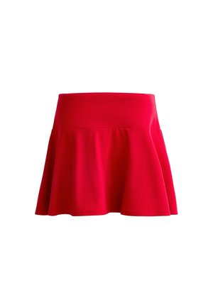 Jupe rouge avec une taille ajustée et un design évasé et plissé. Fabriquée en tissu lisse et extensible de couleur unie sans motifs supplémentaires.