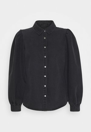 Black long-sleeve button-up blouse with puffed shoulders, pointed collar, and snap buttons down front, displayed on plain background.