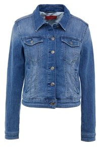 Modrá džínsová bunda s knoflíkovým zapínáním, dvěma kapsami s klopami na hrudi, bočními kapsami a klasickým límcem.