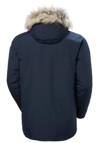 Chaqueta acolchada azul oscura con capucha forrada de piel. Sus características incluyen una textura suave y un corte recto, adecuada para el clima frío.