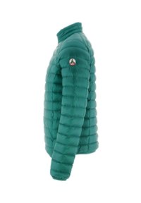 Groene geïsoleerde pufferjack met een hoge kraag, verticale gestikte patronen en een logopatch op de linker mouw. Gladde, glanzende buitenstof.