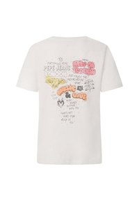 T-shirt en coton blanc avec du texte graphique et des illustrations dans diverses couleurs, y compris le rose et le noir, au dos.