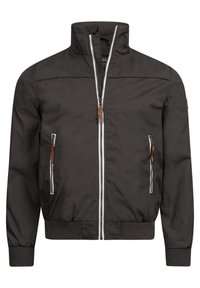 Veste bomber noire avec col montant, fermeture éclair frontale et deux poches latérales zippées. Dotée d'accents en cuir marron et de poignets et ourlet côtelés.