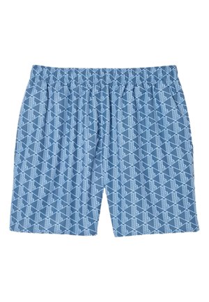 Shorts de bain bleus à motif géométrique. Taille élastique pour un ajustement réglable. Fabriqués en tissu léger et à séchage rapide.