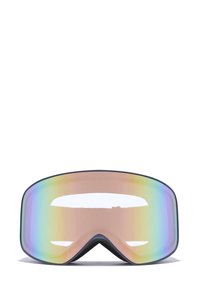 Slidinėjimo akiniai su dideliais, išlenktais, daugiapakopiais lęšiais, turinčiais rožinę bazę ir vaivorykštinius blizgančius kraštus; švelni juoda rėmelio apdaila.