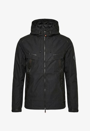 Schwarze Kapuzenjacke mit Frontreißverschluss, verstellbaren Kordeln, Seitentaschen und kleinem Ahornblatt-Logo auf dem linken Ärmel.