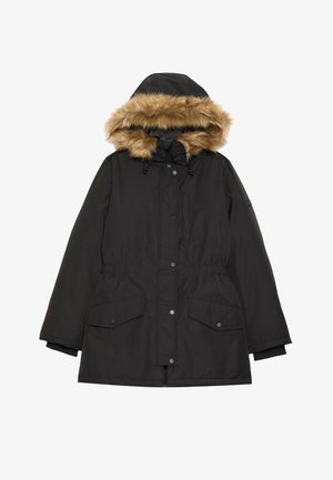 Svart parka-jakke med hette fôret med pels, elastisk midje, to frontlommer og trykknapper. Glatt tekstur og uformell design.