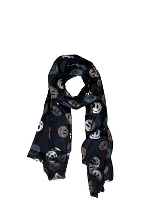 Sciarpa nera con motivi di faccine sorridenti distribuiti in tonalità di grigio, blu e marrone. Realizzata in tessuto morbido con bordi frangiati.