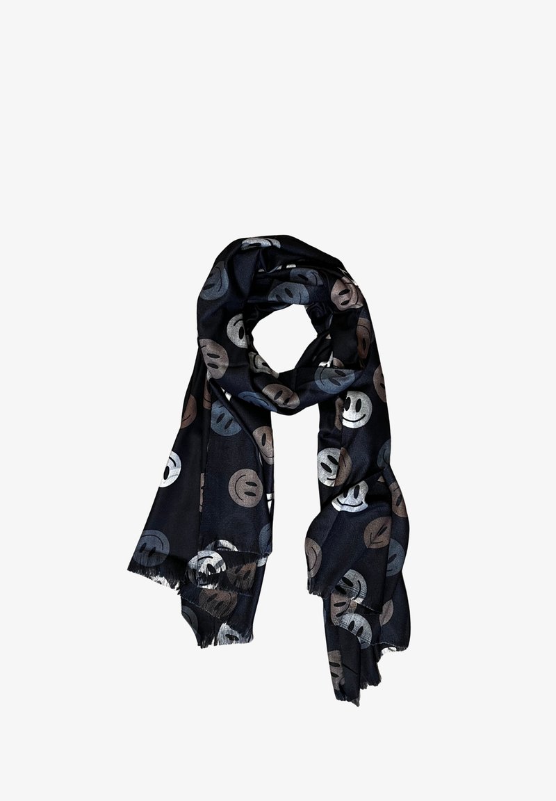 Sciarpa nera con motivi di faccine sorridenti distribuiti in tonalità di grigio, blu e marrone. Realizzata in tessuto morbido con bordi frangiati.