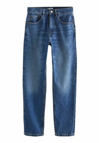 Jeans in denim blu con un design a gamba dritta, cinque tasche e cuciture a contrasto. Il tessuto presenta un leggero sbiadimento e una texture rigida.