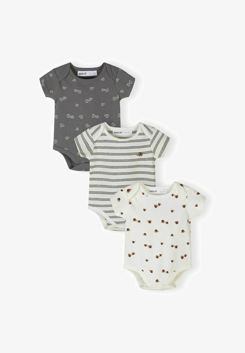 Trois bodies bébé à manches courtes : gris avec un motif de lunettes, blanc avec des rayures noires et petites formes marron, blanc avec des glands marron.