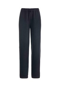 Tummanharmaat, löysät collegehousut, joissa on elastinen vyötärö ja säädettävä nyöri. Pehmeä, sileä kangas suorilla lahkeilla.