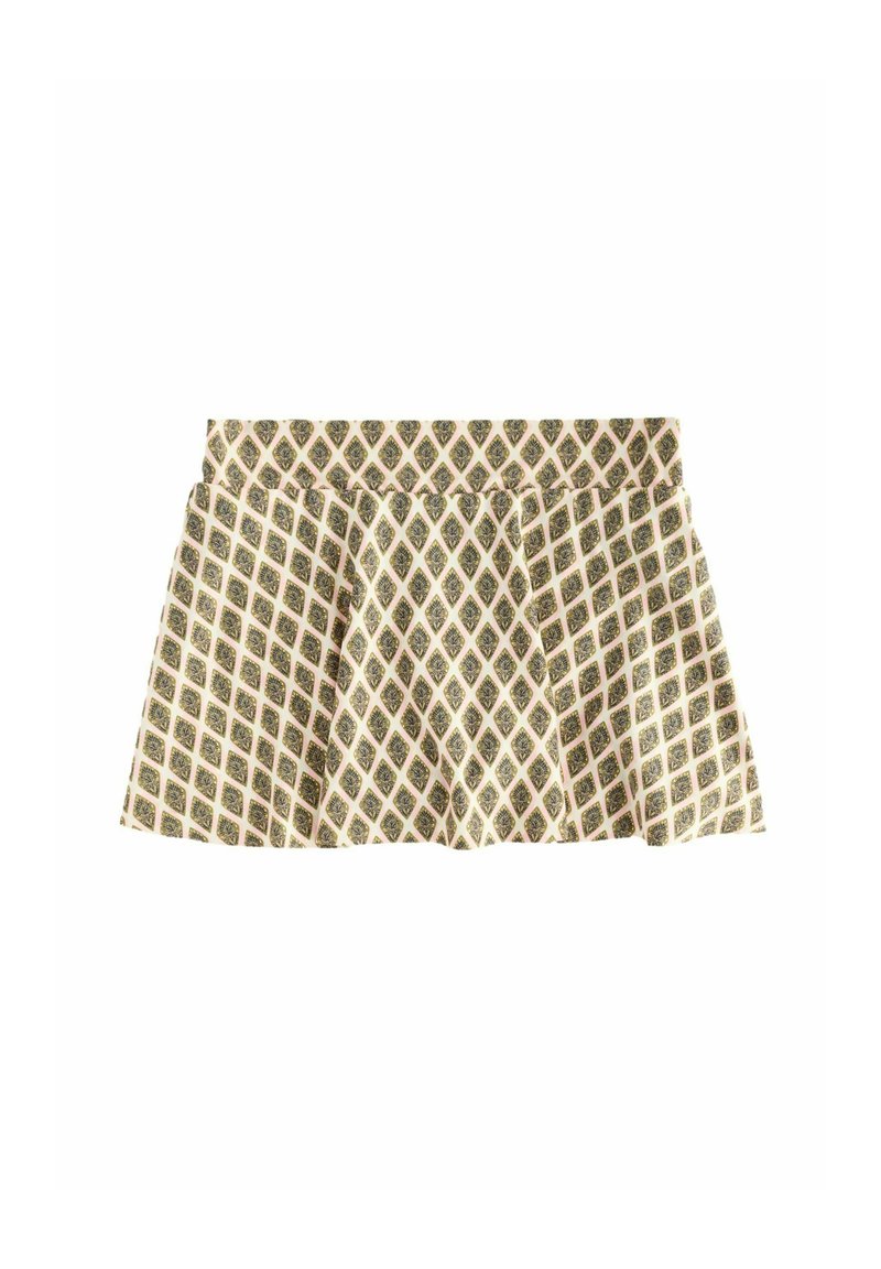 Falda corta con plisados en una tela color crema con un patrón de diamantes en verde y negro. Cintura elástica, textura ligera y diseño acampanado.
