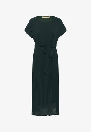 Donkergroene, geplooide jurk met korte mouwen, een ronde halslijn en een strikceintuur. Gemaakt van lichtgewicht stof, valt hij onder de knie.